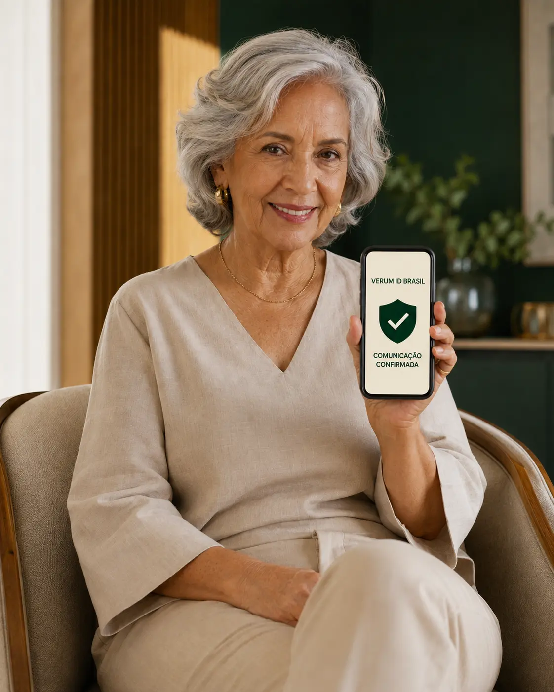 Senhora sorrindo ao mostrar no celular uma comunicação confirmada pela Verum ID Brasil